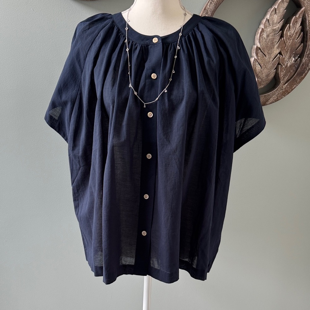 Jenni Kayne Navy Short-Sleeve Button Front Blouse size XXL